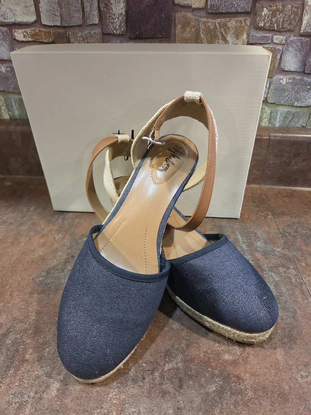 Style & Co. Navy Espadrille Slingback Wedges with Tan Straps